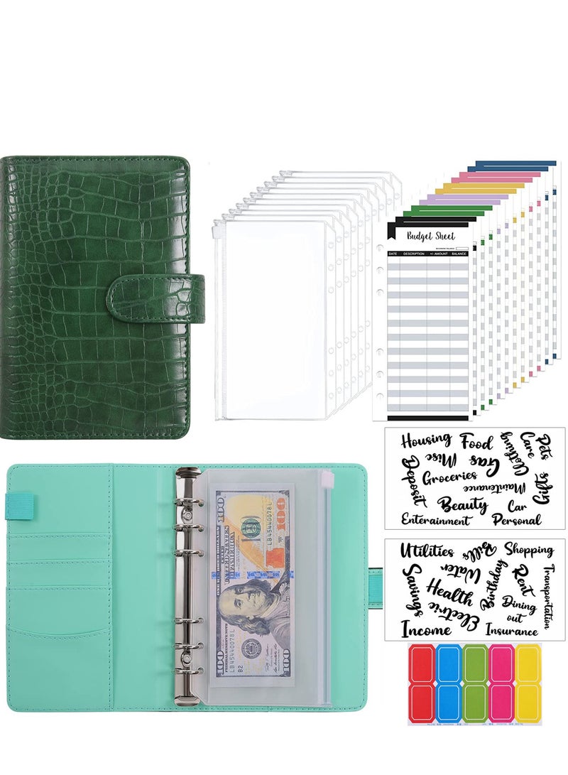 Budget Binder with 8pcs Cash Envelopes for Budgeting, Crocodile Pattern A6 Binder with 2Pcs Label Stickers and 12Pcs Expense Trackers Money Organizer for Cash for Saving Binder(Green) - Image 1